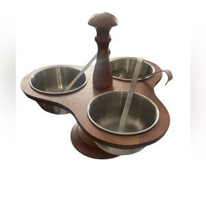 MCM 3 Bowls Condiment Server Wood Caddy Holder Center Holder Spoons 8.5"T 9"W